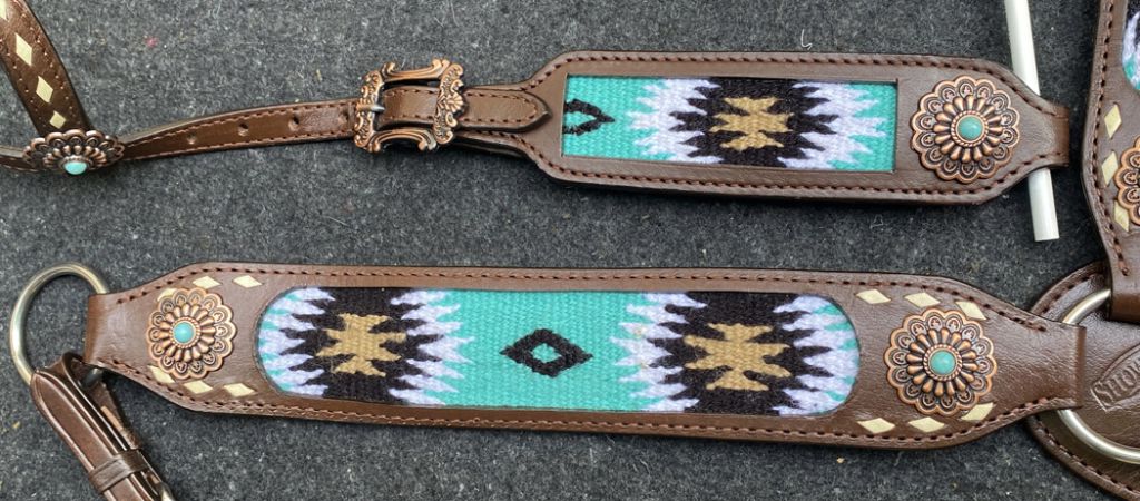 Showman Browband Headstall &amp; Breast collar set with wool southwest blanket inlay and white buckstitch accents #4